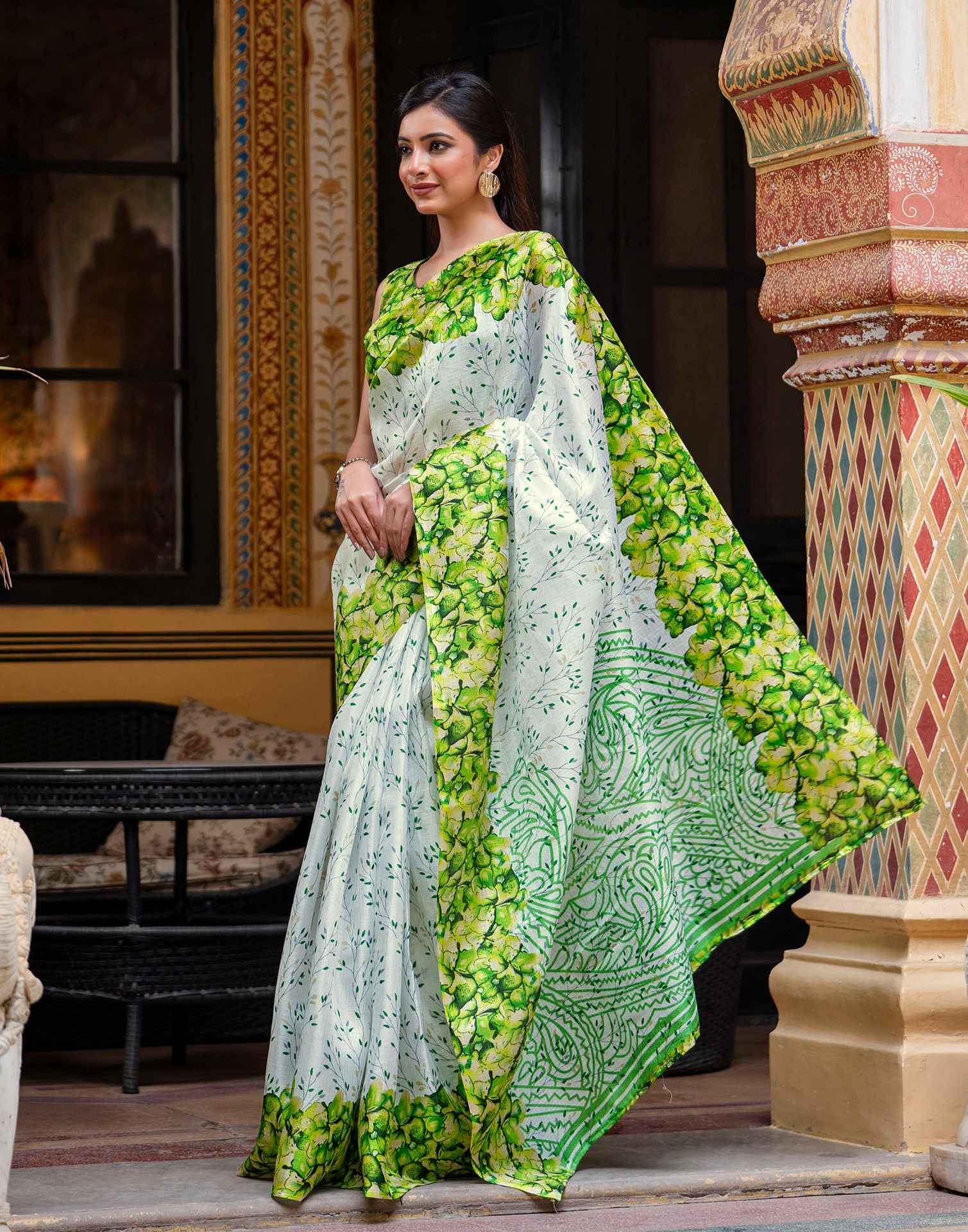 White Khadi Printed Saree