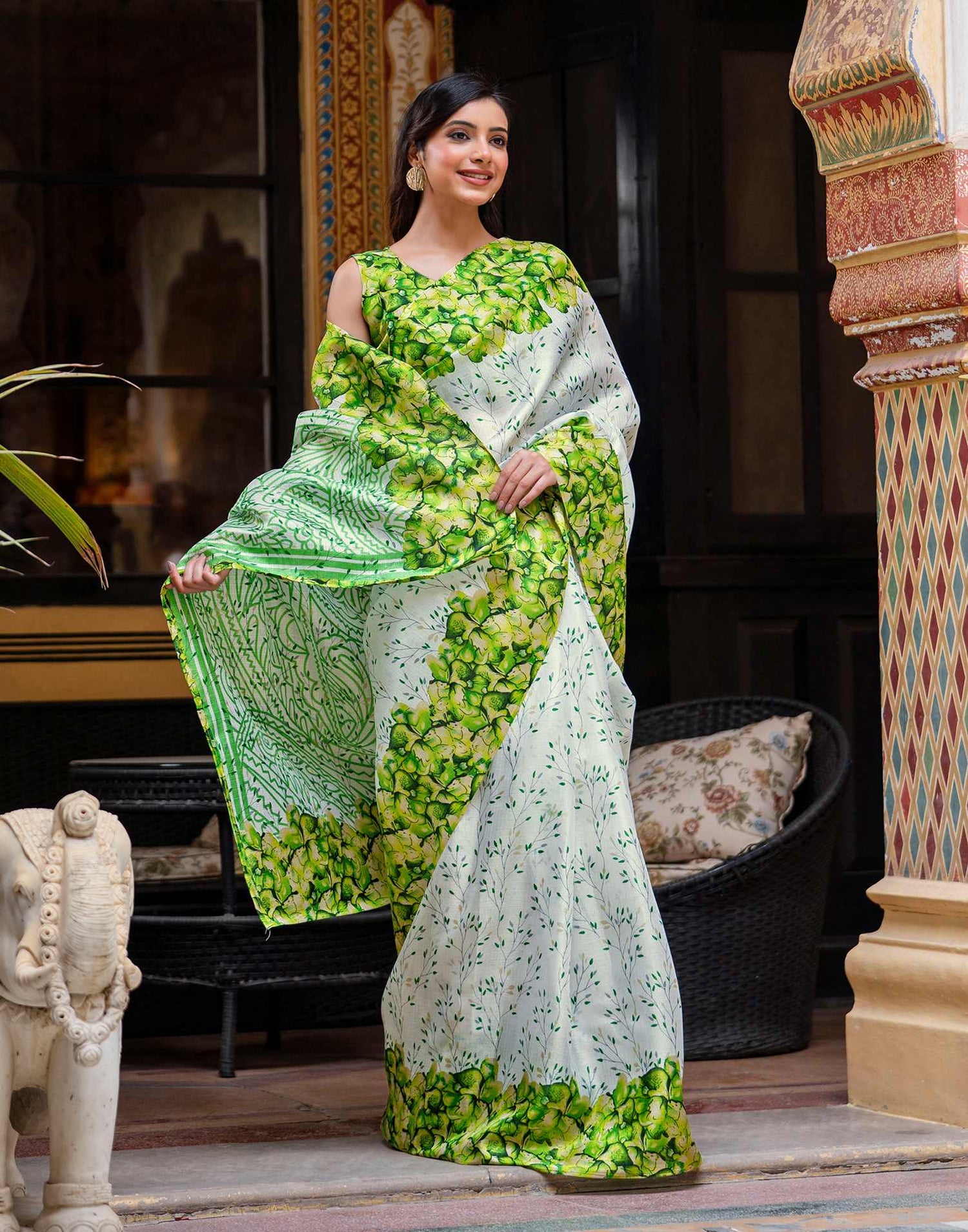 White Khadi Printed Saree