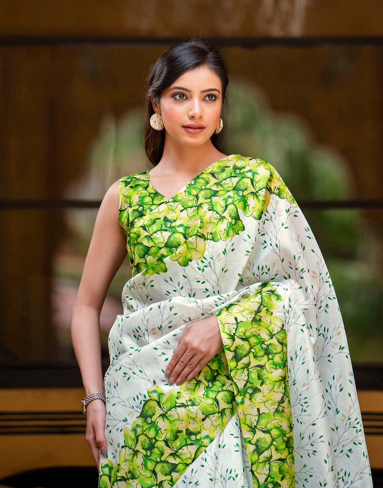White Khadi Printed Saree
