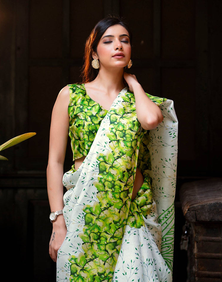 White Khadi Printed Saree