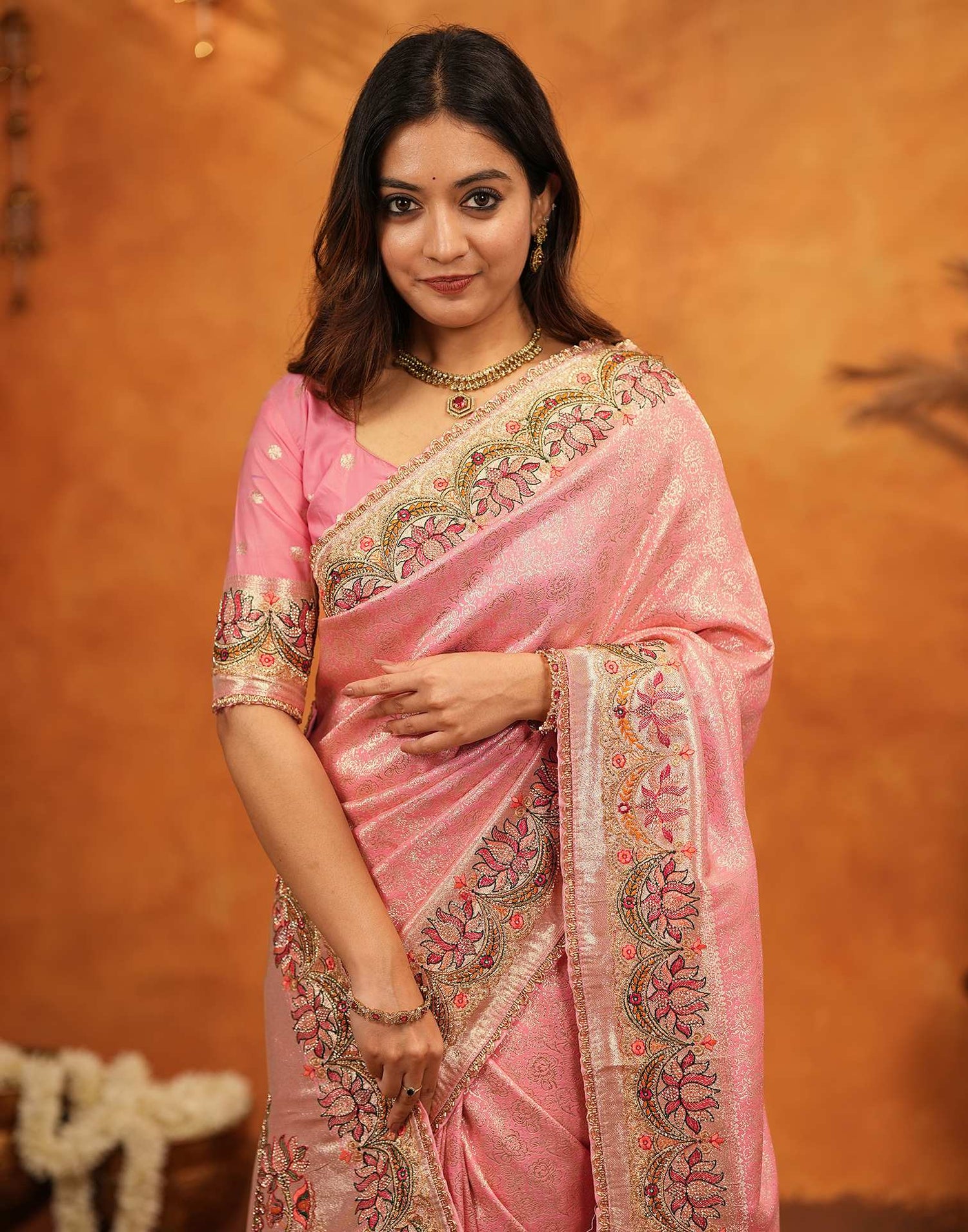 Light Pink Silk Woven Embroidery Stone Work Banarasi Saree