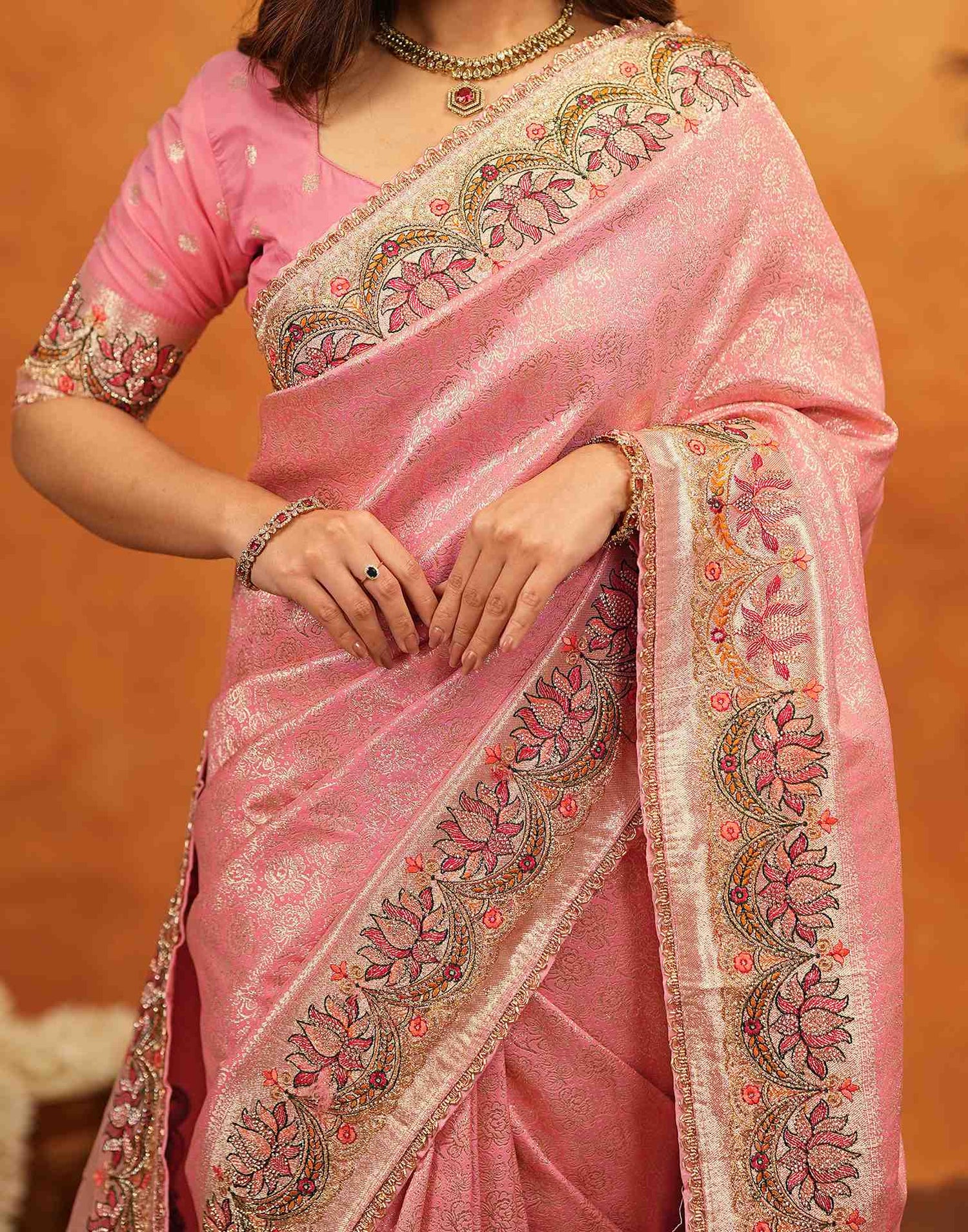 Light Pink Silk Woven Embroidery Stone Work Banarasi Saree