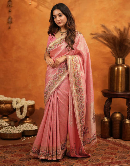 Light Pink Silk Woven Embroidery Stone Work Banarasi Saree