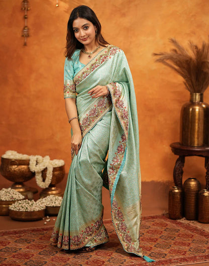 Turquoise Blue Silk Woven Embroidery Stone Work Banarasi Saree