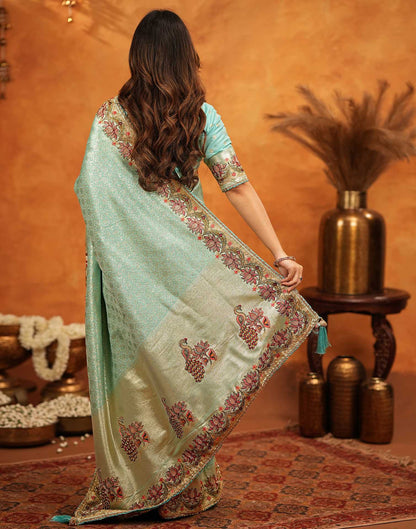 Turquoise Blue Silk Woven Embroidery Stone Work Banarasi Saree