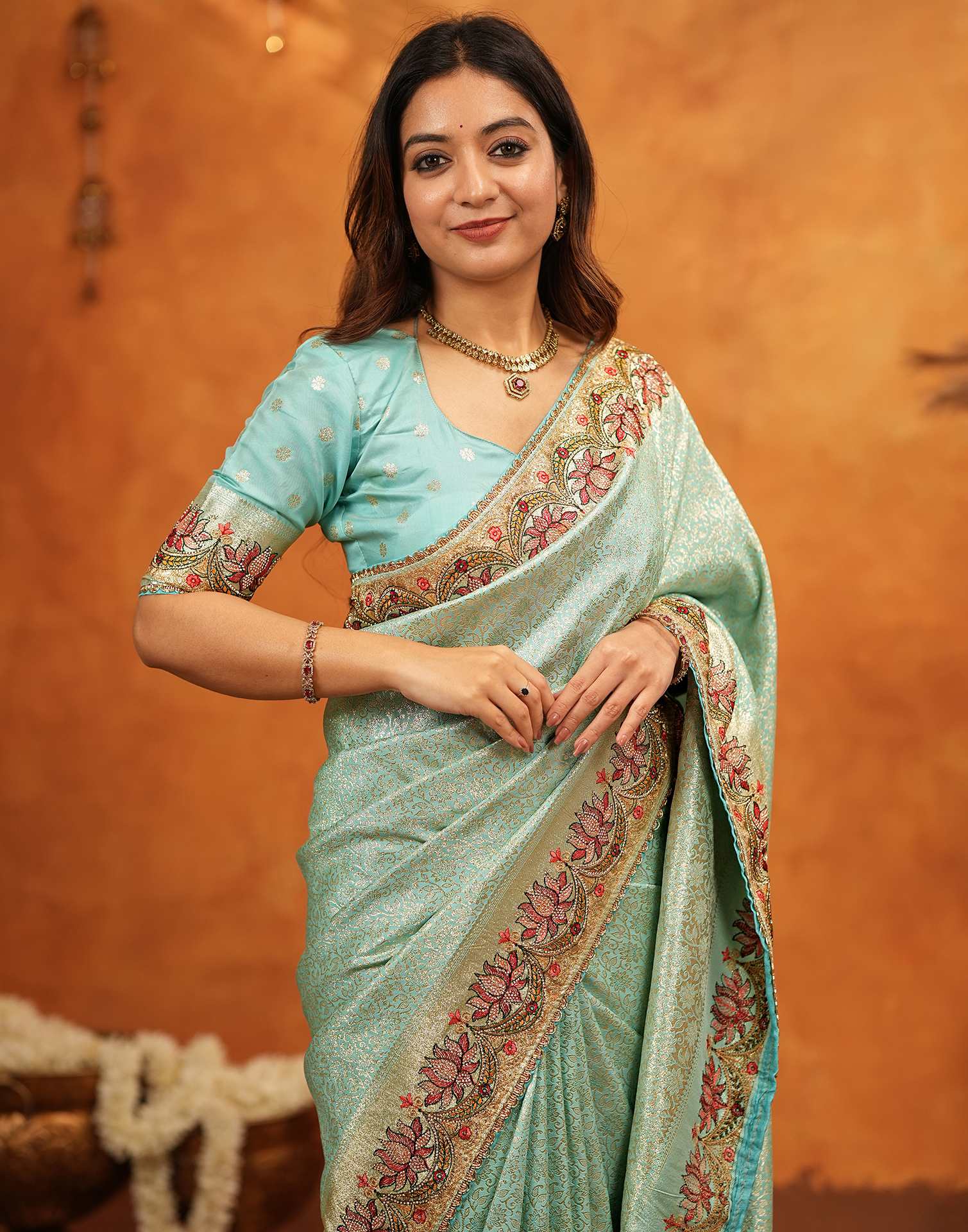 Turquoise Blue Silk Woven Embroidery Stone Work Banarasi Saree