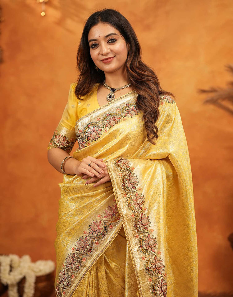 Light Yellow Silk Woven Embroidery Stone Work Banarasi Saree