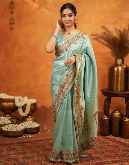 Turquoise Blue Silk Woven Embroidery Stone Work Banarasi Saree