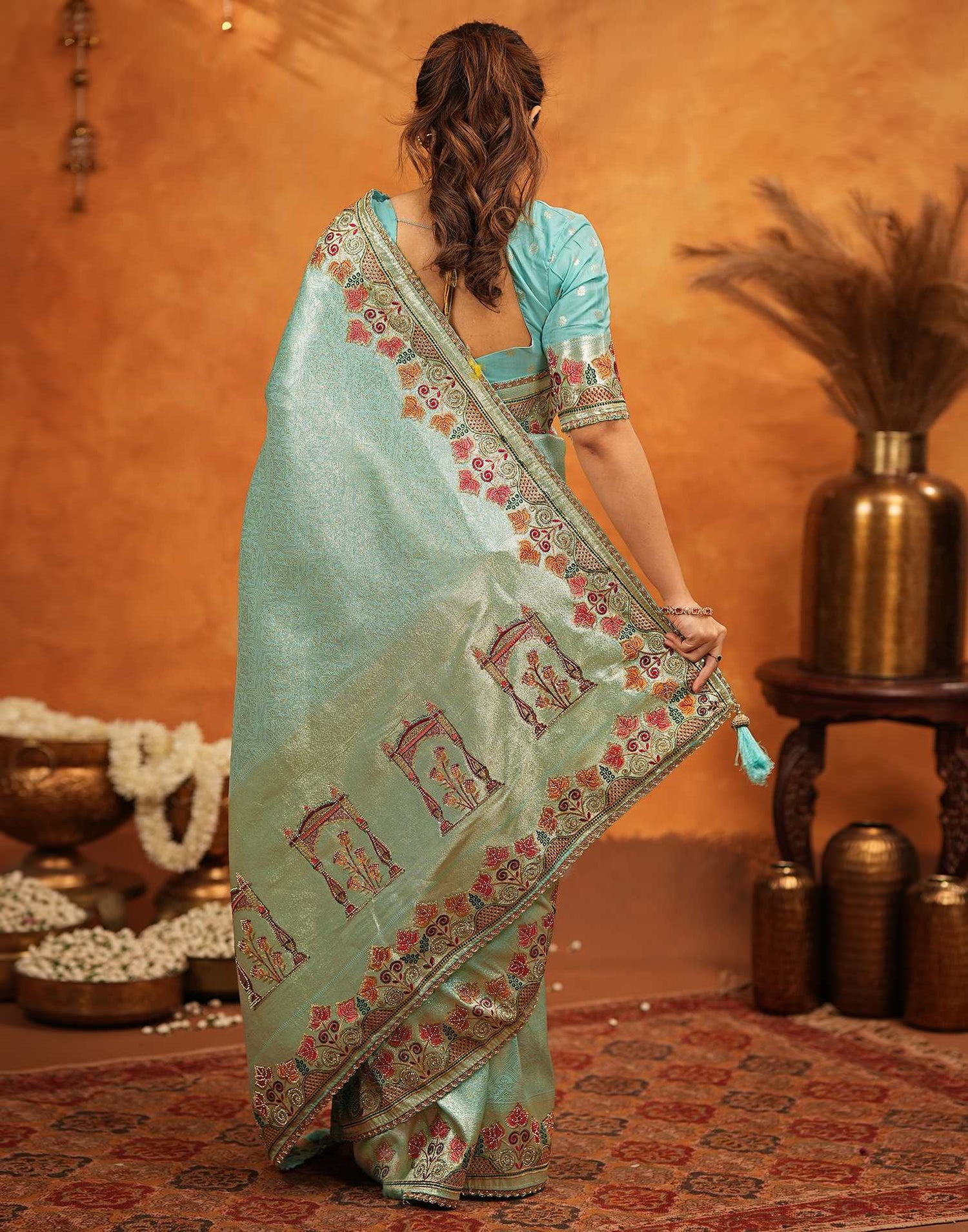 Turquoise Blue Silk Woven Embroidery Stone Work Banarasi Saree