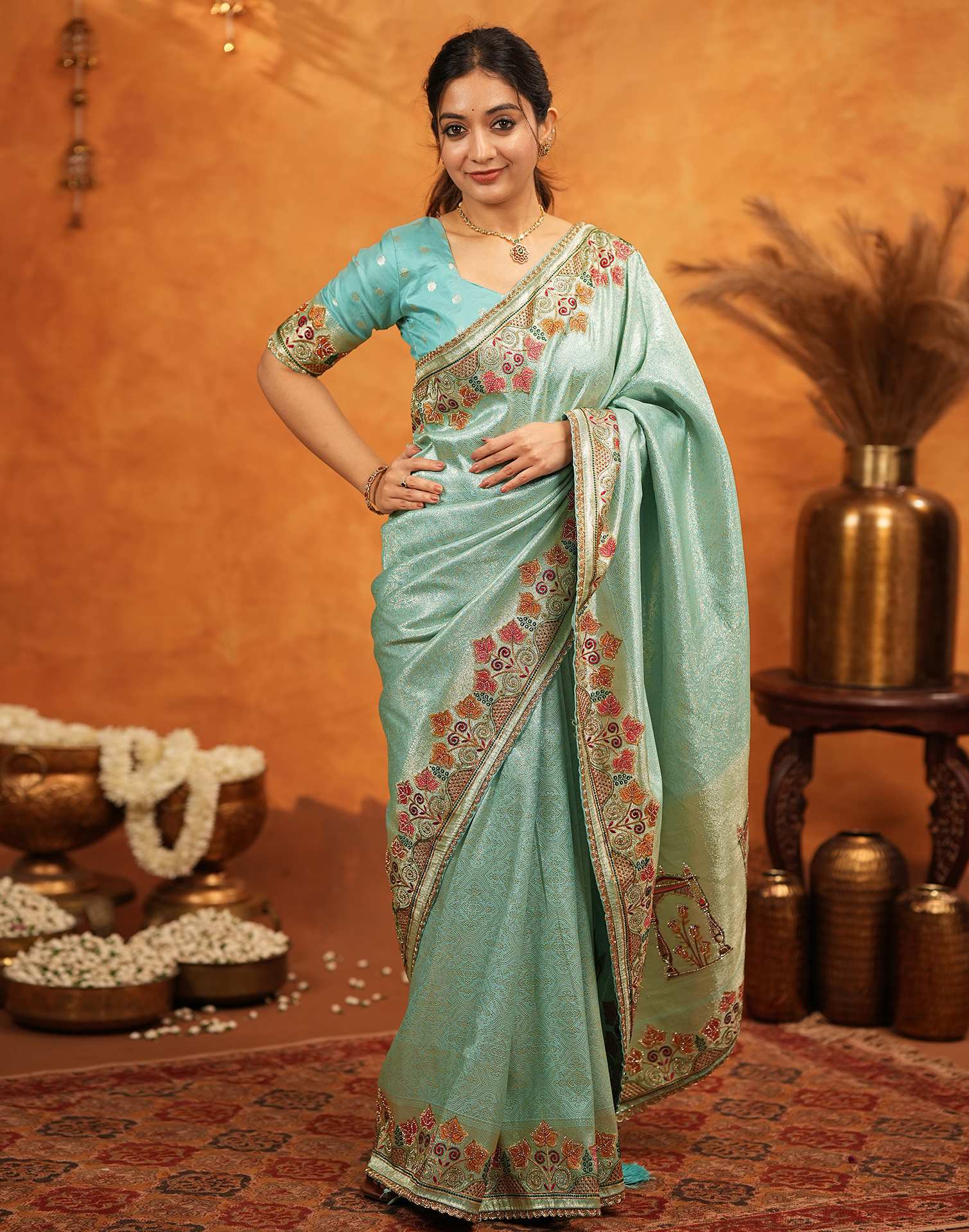 Turquoise Blue Silk Woven Embroidery Stone Work Banarasi Saree