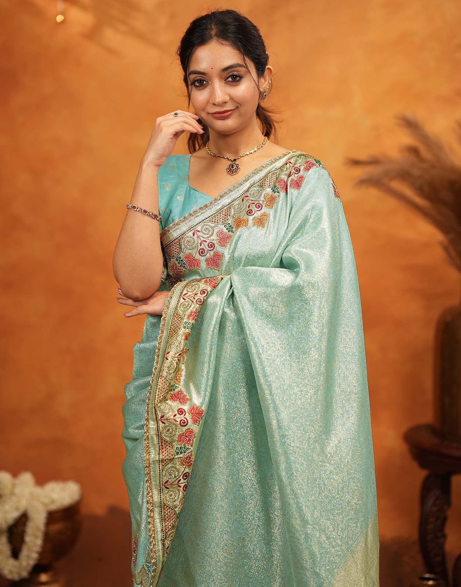 Turquoise Blue Silk Woven Embroidery Stone Work Banarasi Saree