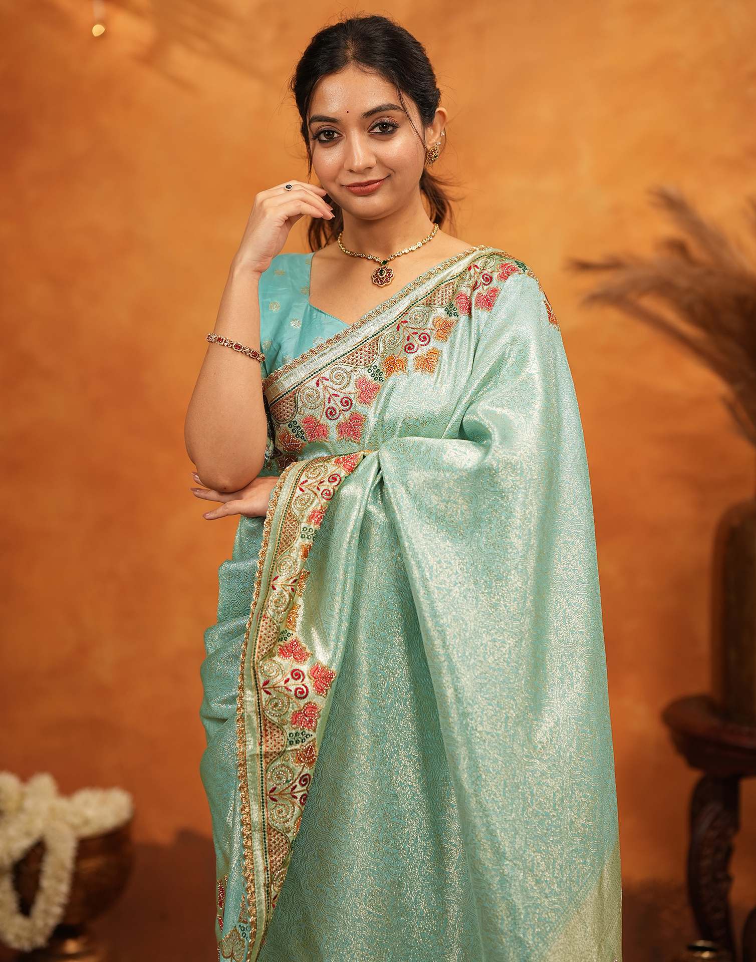 Turquoise Blue Silk Woven Embroidery Stone Work Banarasi Saree