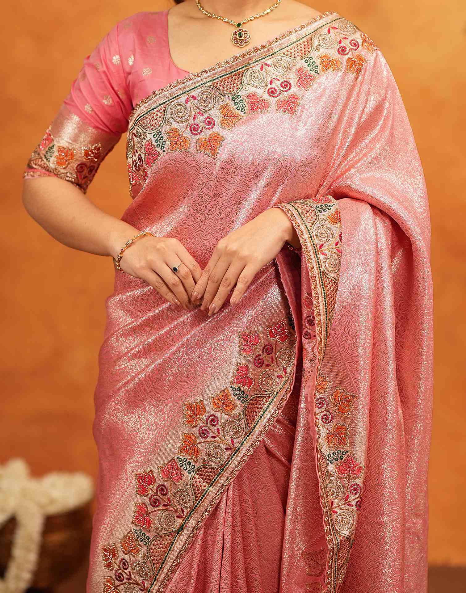 Light Pink Silk Woven Embroidery Stone Work Banarasi Saree