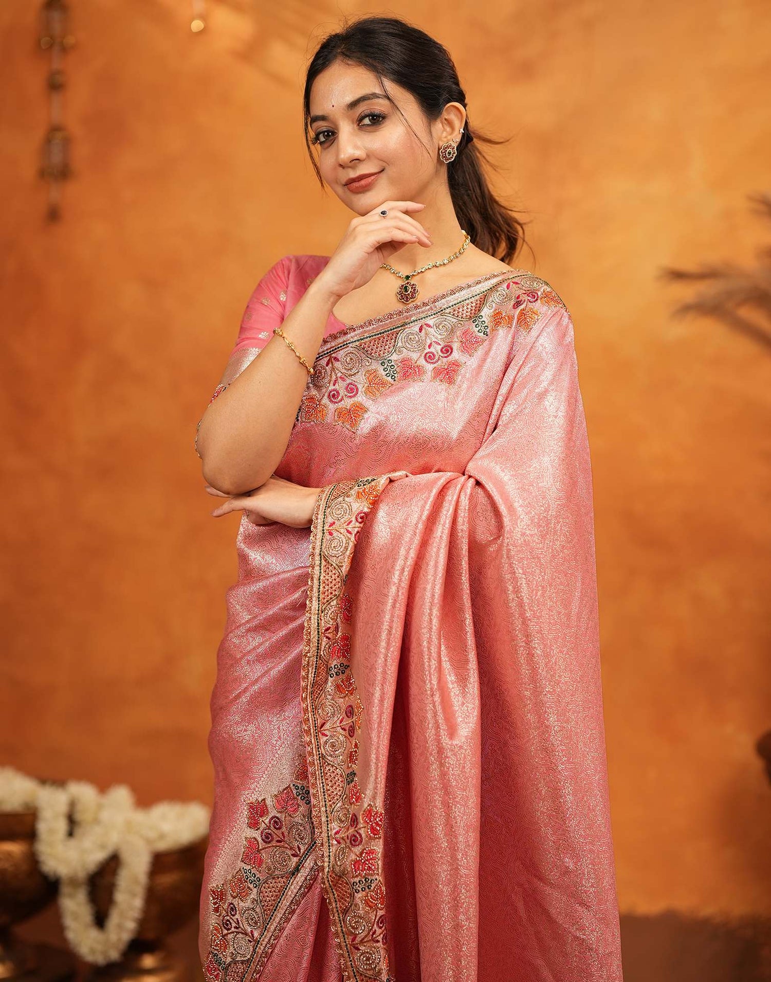 Light Pink Silk Woven Embroidery Stone Work Banarasi Saree