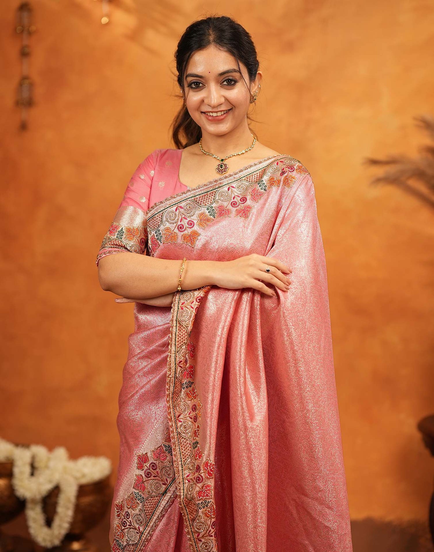 Light Pink Silk Woven Embroidery Stone Work Banarasi Saree