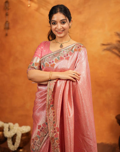 Light Pink Silk Woven Embroidery Stone Work Banarasi Saree