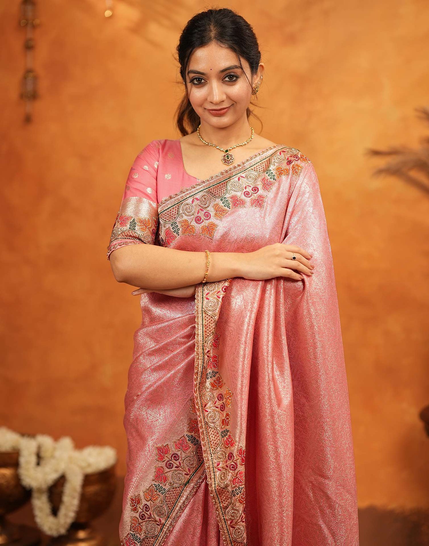 Light Pink Silk Woven Embroidery Stone Work Banarasi Saree
