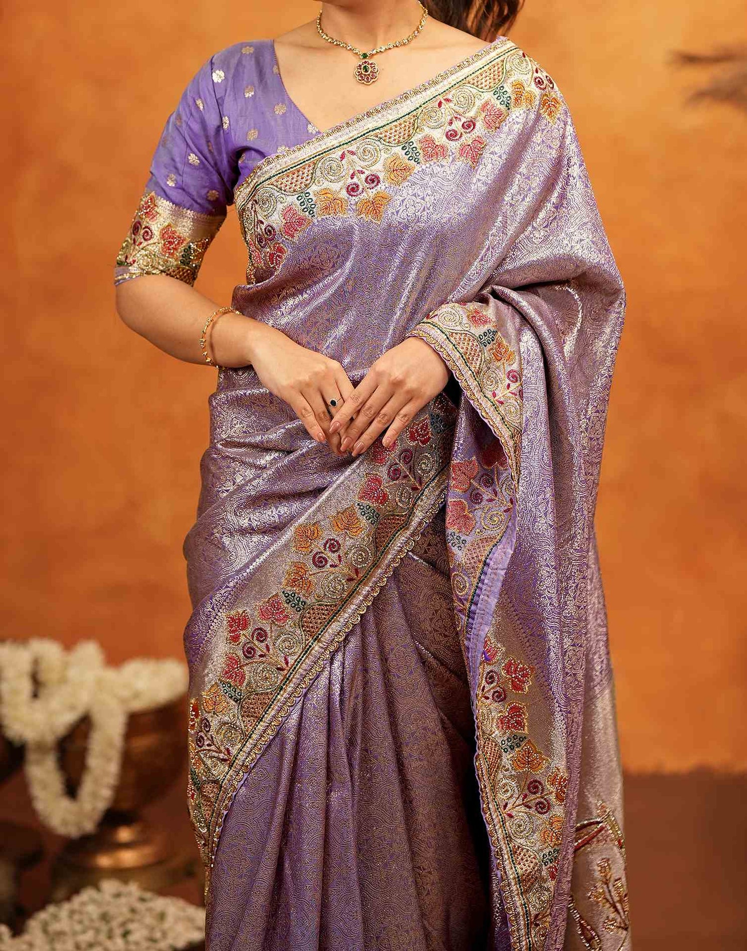 Dark Mauve Silk Woven Embroidery Stone Work Banarasi Saree