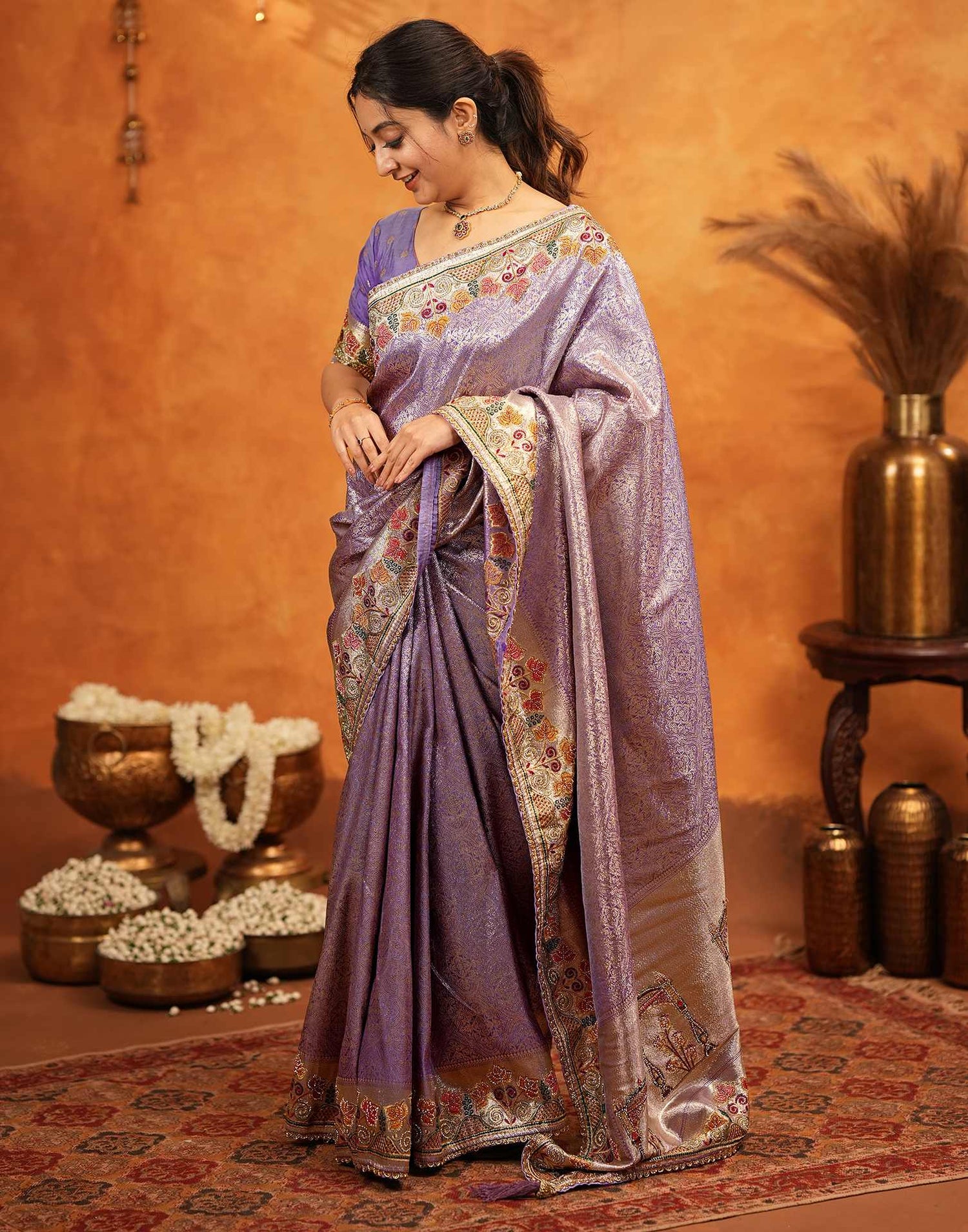 Dark Mauve Silk Woven Embroidery Stone Work Banarasi Saree