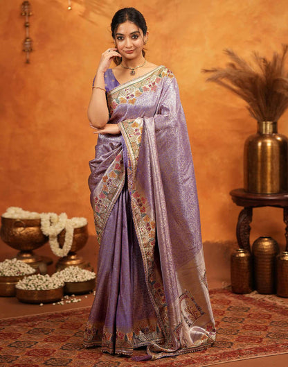 Dark Mauve Silk Woven Embroidery Stone Work Banarasi Saree