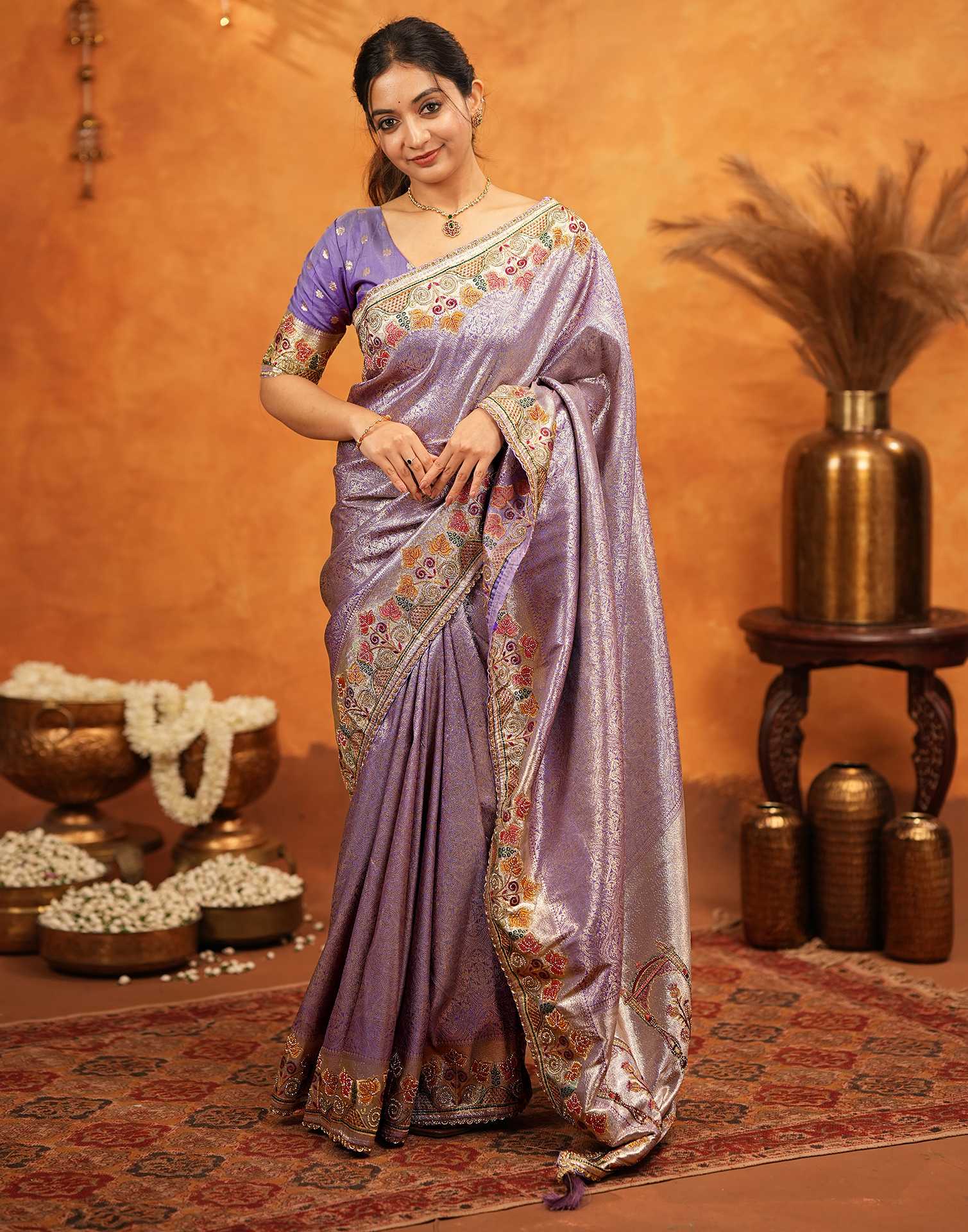 Dark Mauve Silk Woven Embroidery Stone Work Banarasi Saree