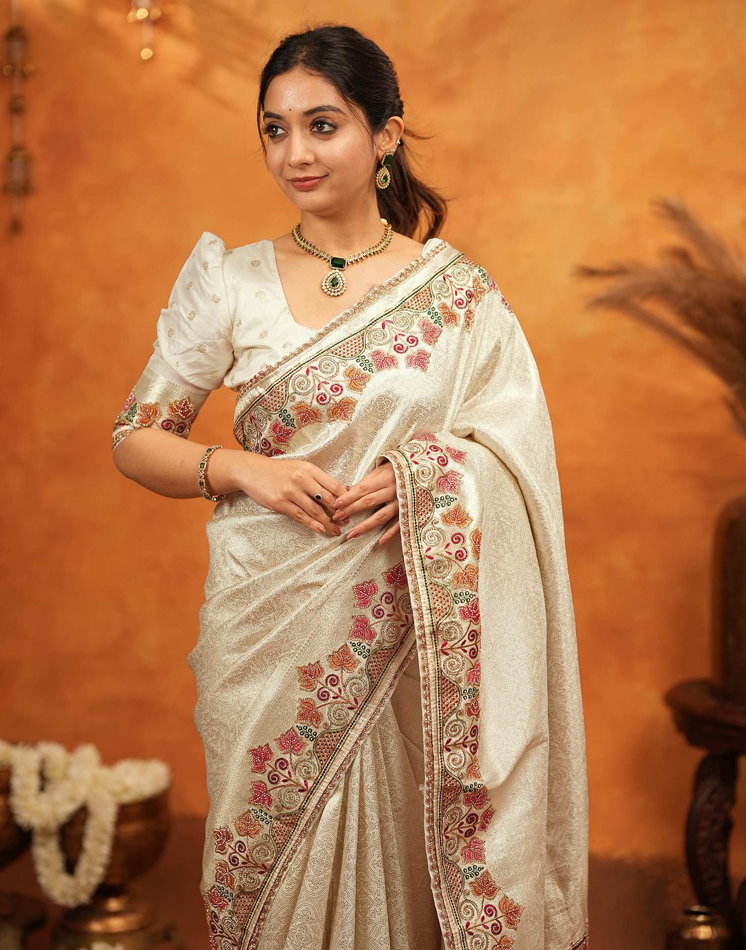 Off White Silk Woven Embroidery Stone Work Banarasi Saree