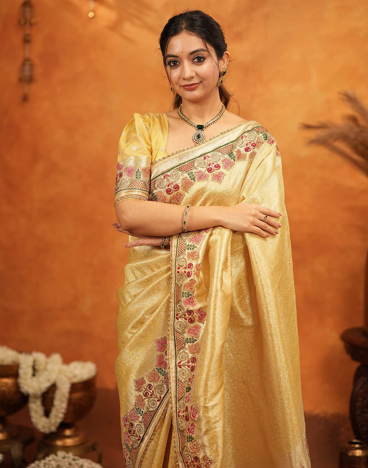 Light Yellow Silk Woven Embroidery Stone Work Banarasi Saree