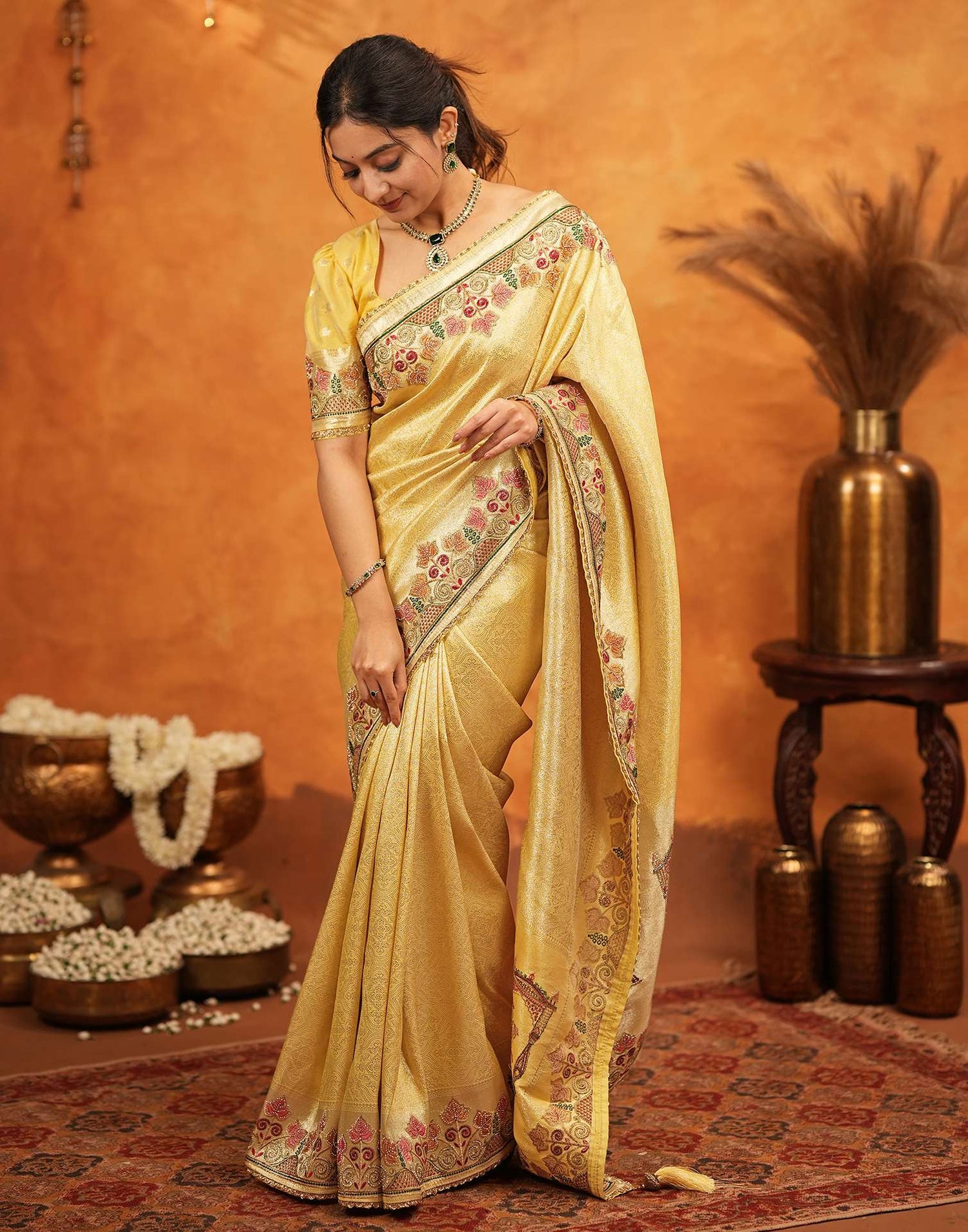Light Yellow Silk Woven Embroidery Stone Work Banarasi Saree