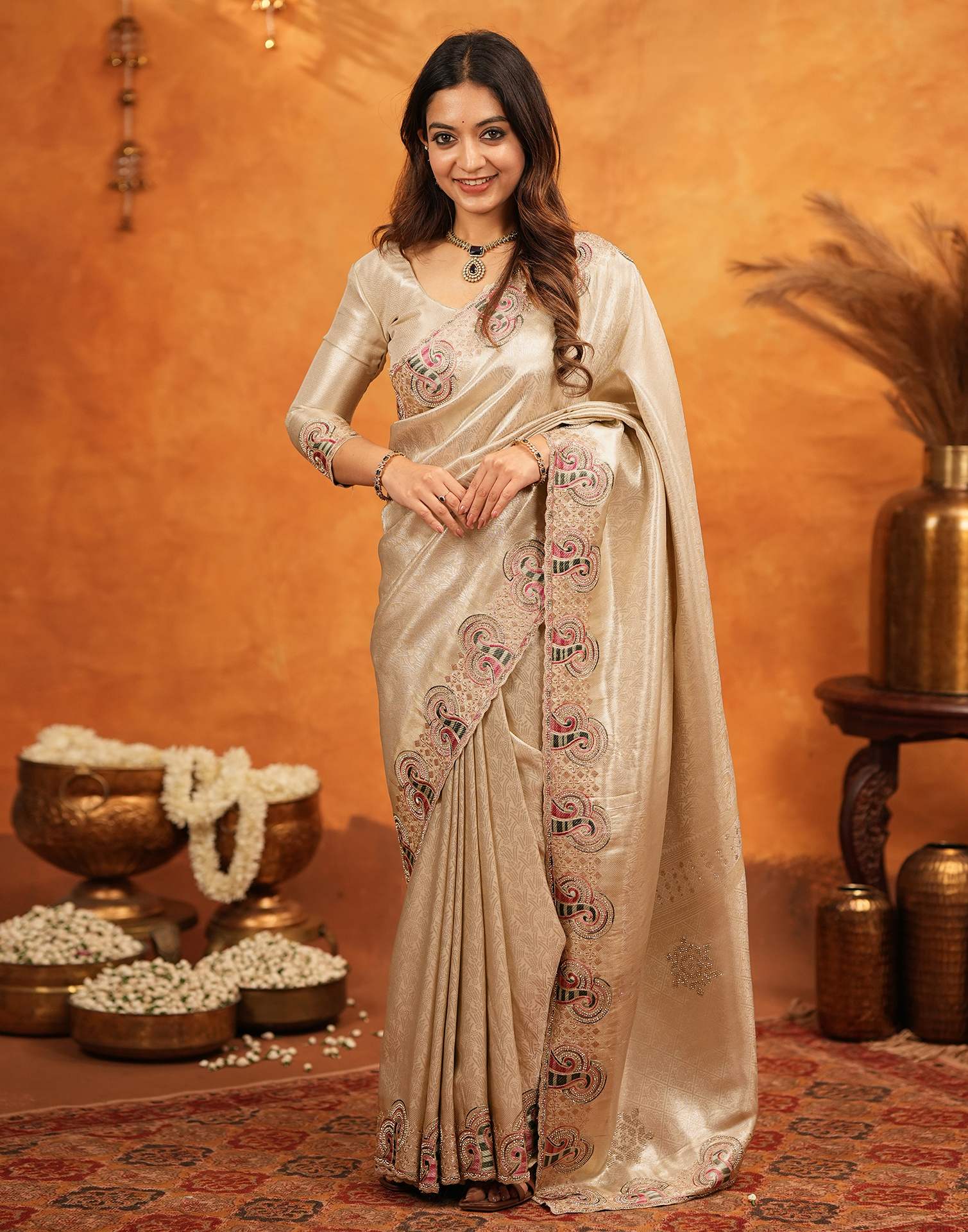 Beige Silk Woven Embroidery Stone Work Banarasi Saree