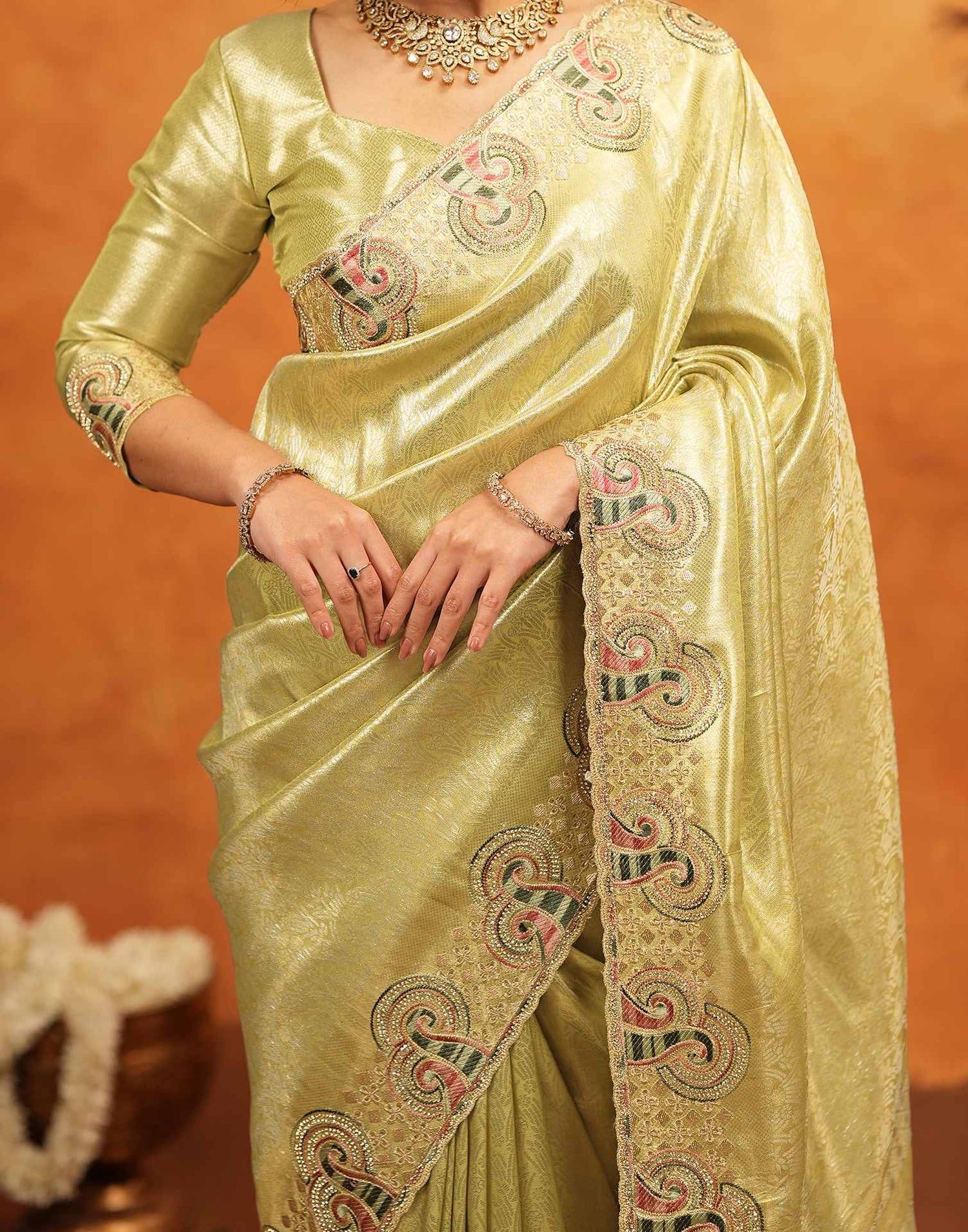 Pista Green Silk Woven Embroidery Stone Work Banarasi Saree