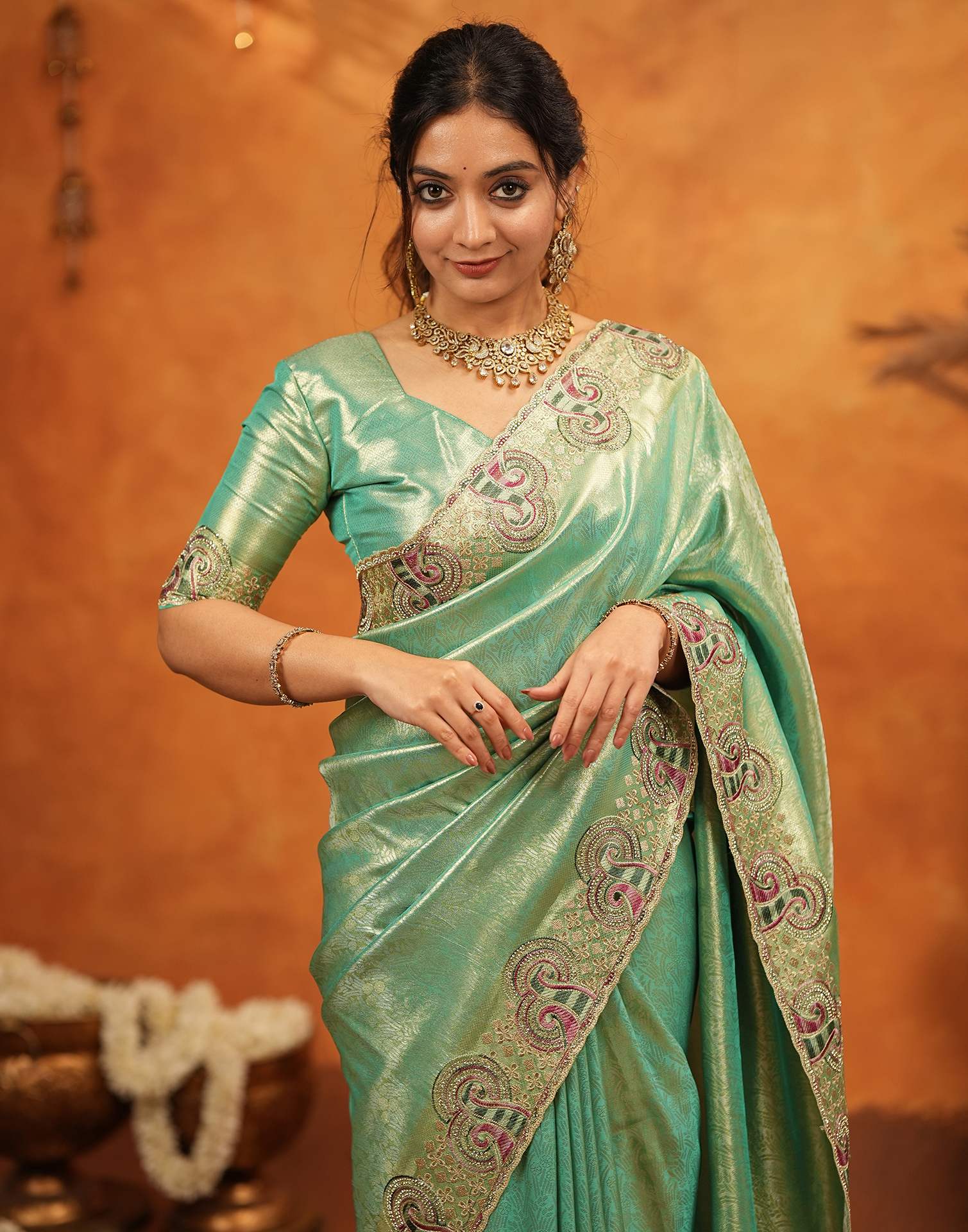 Mint Green Silk Woven Embroidery Stone Work Banarasi Saree
