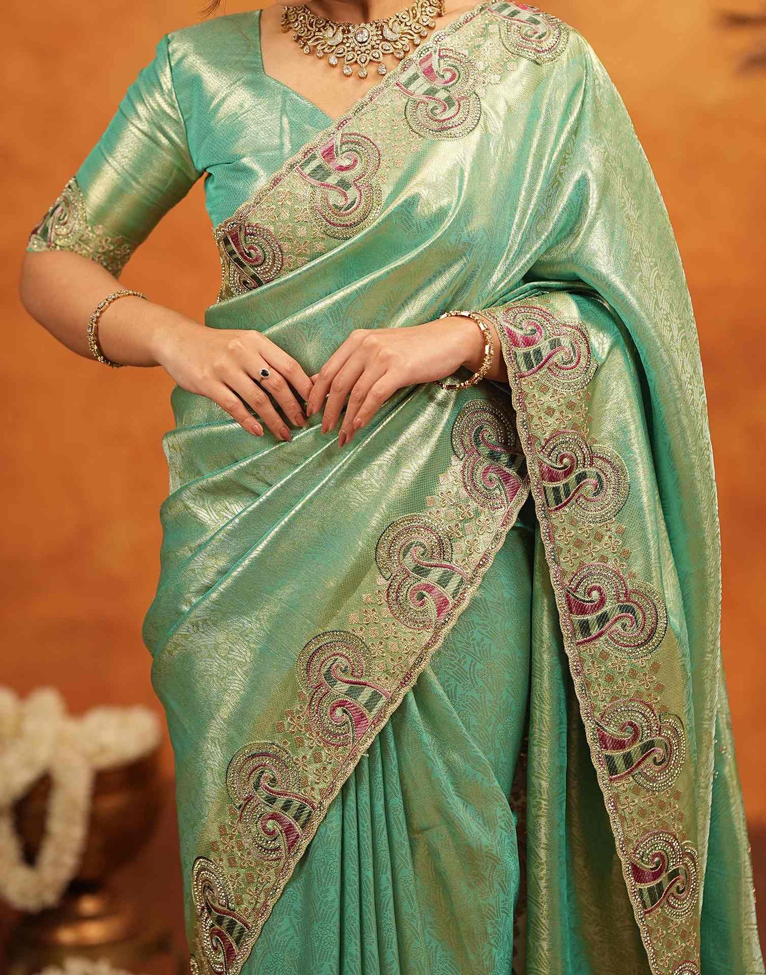 Mint Green Silk Woven Embroidery Stone Work Banarasi Saree