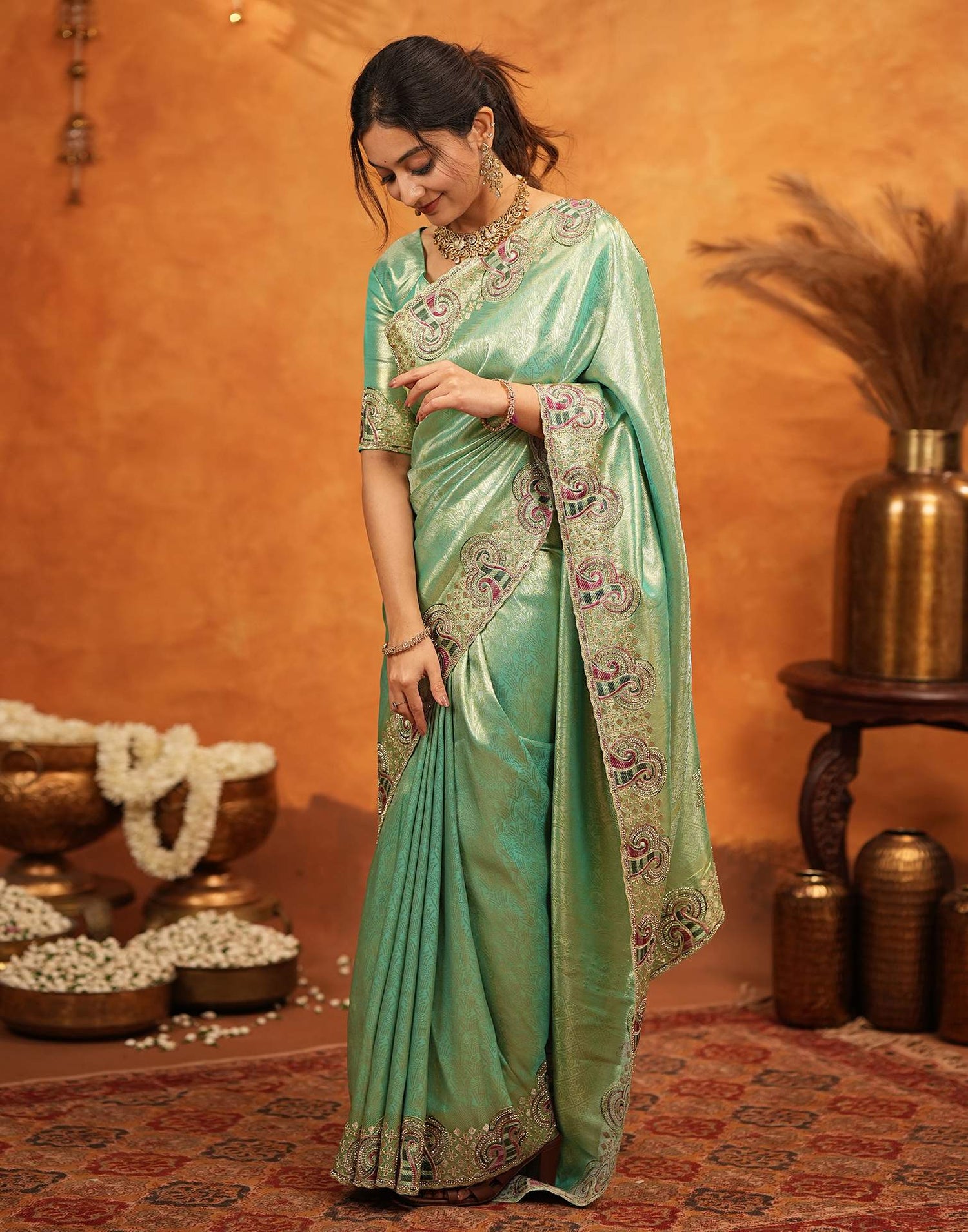 Mint Green Silk Woven Embroidery Stone Work Banarasi Saree