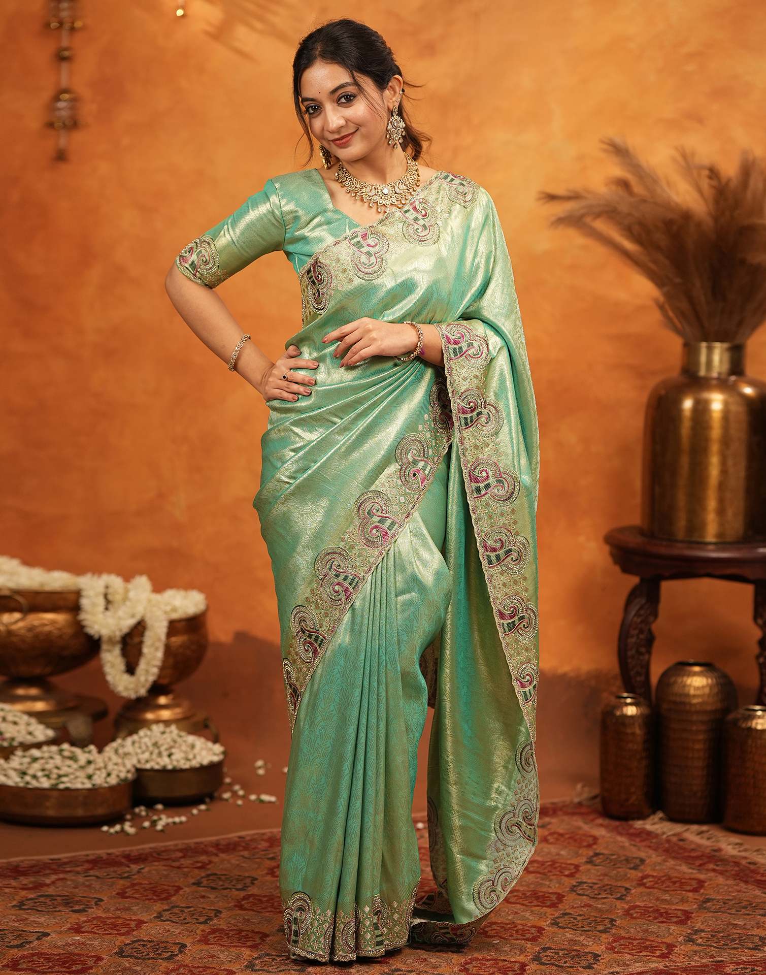 Mint Green Silk Woven Embroidery Stone Work Banarasi Saree