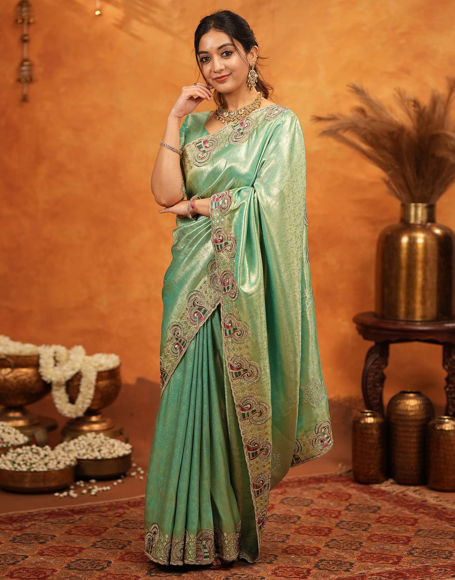 Mint Green Silk Woven Embroidery Stone Work Banarasi Saree