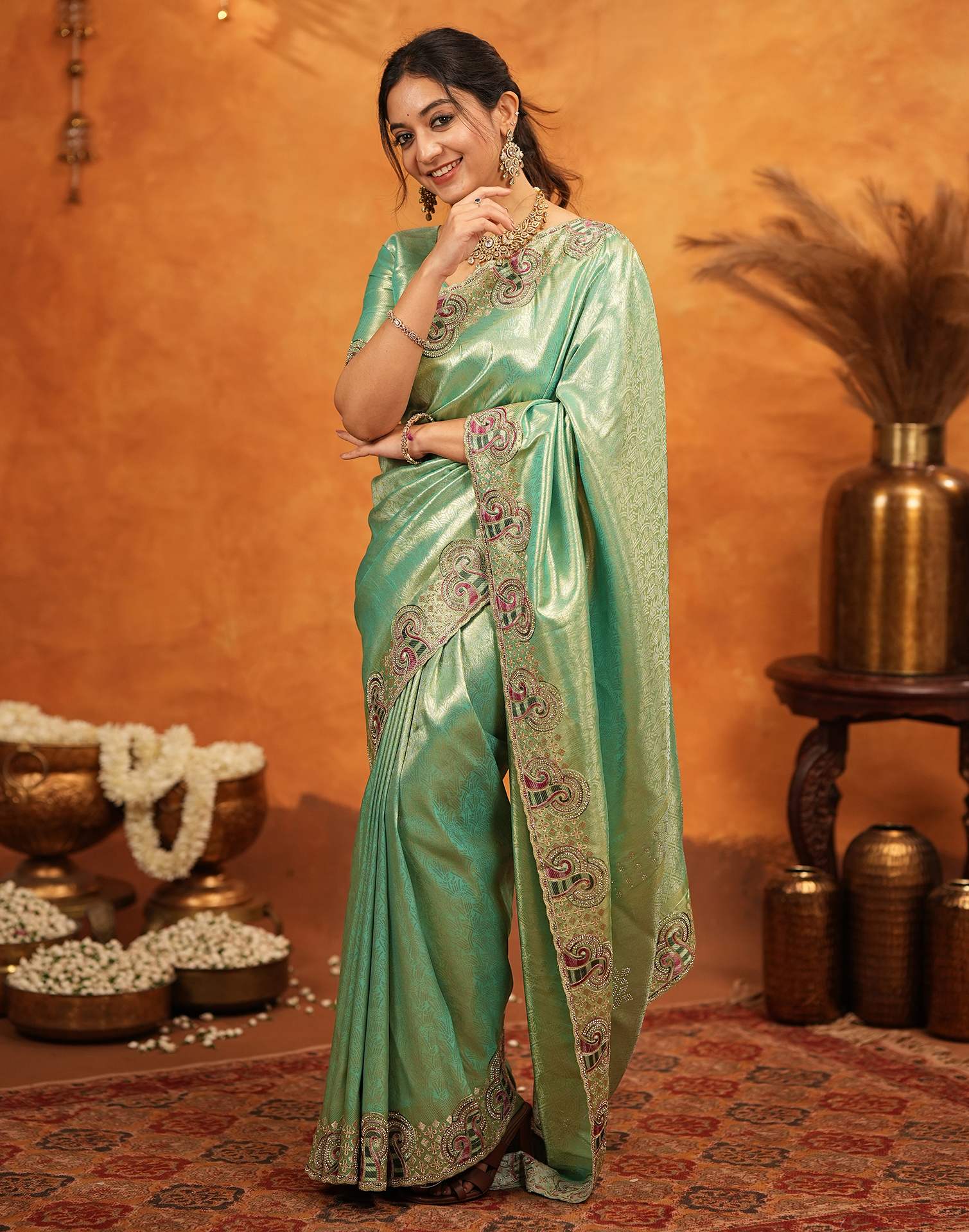Mint Green Silk Woven Embroidery Stone Work Banarasi Saree