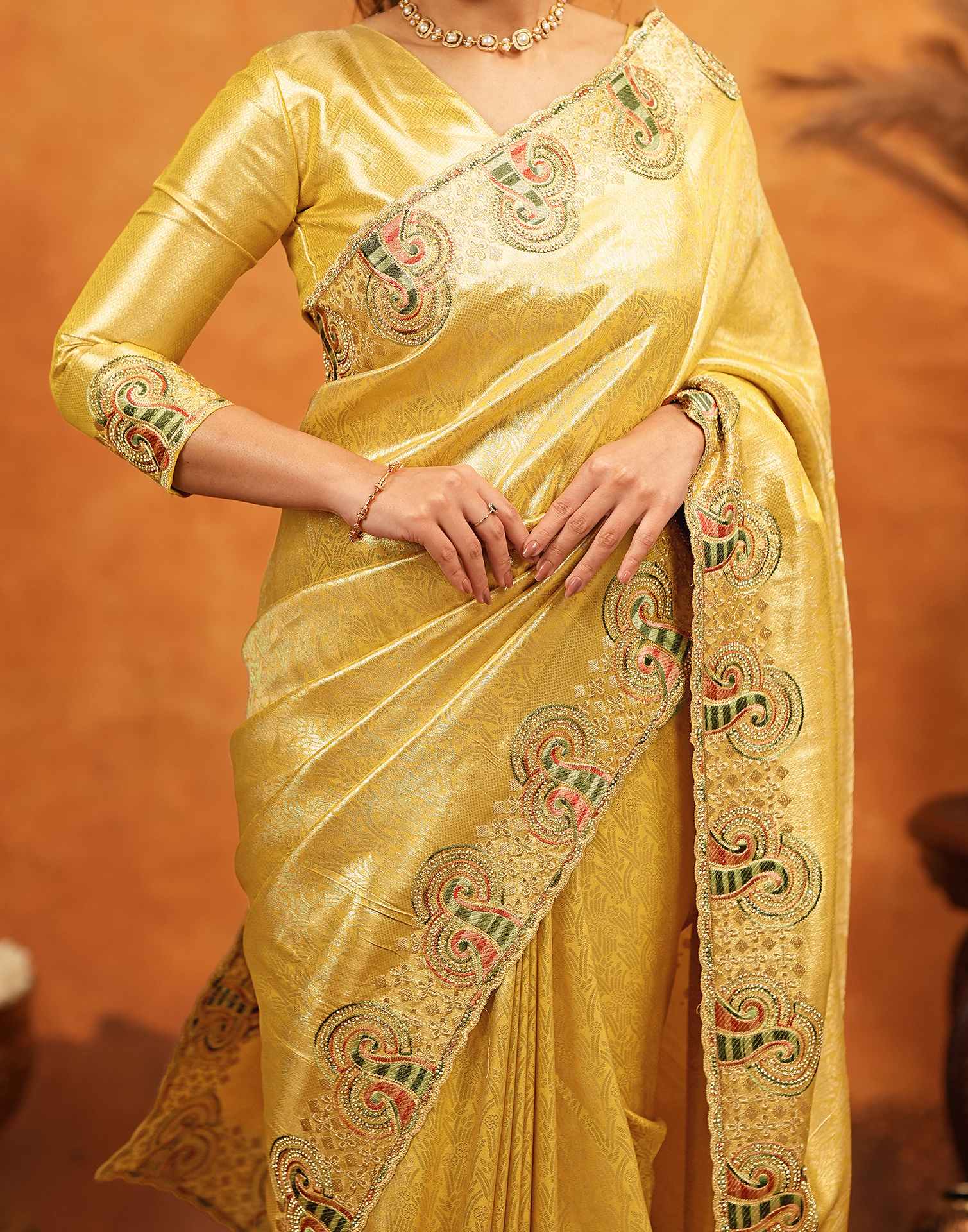 Yellow Silk Woven Embroidery Stone Work Banarasi Saree