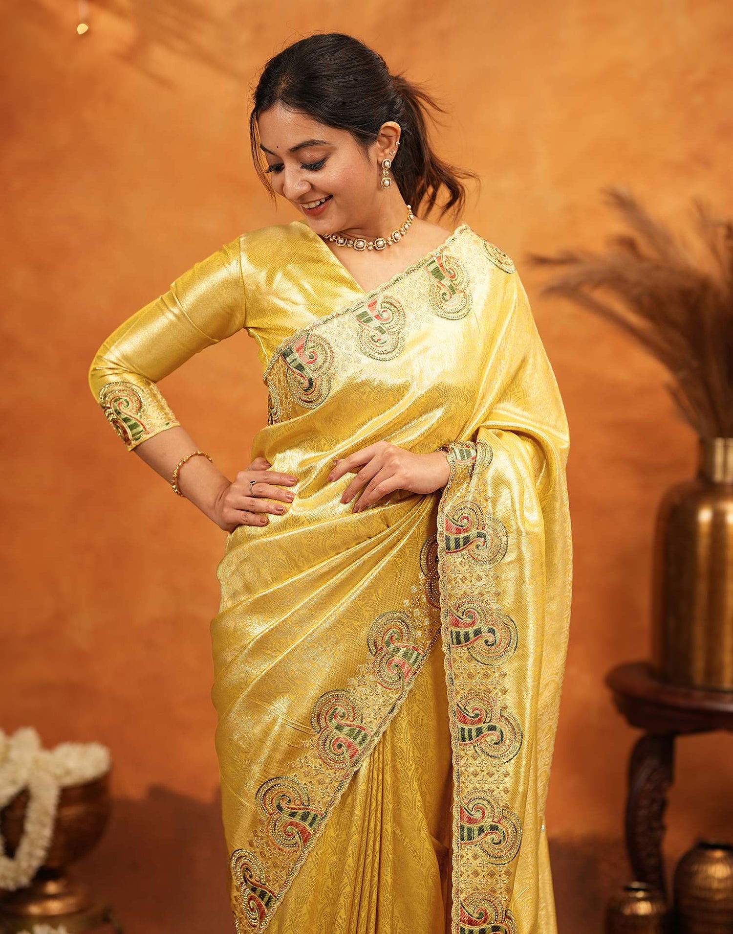 Yellow Silk Woven Embroidery Stone Work Banarasi Saree