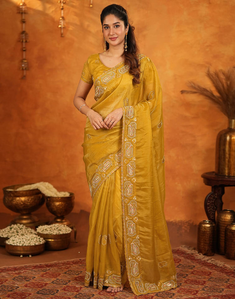 Mustard Shimmer Silk Stone Work Embroidery Saree