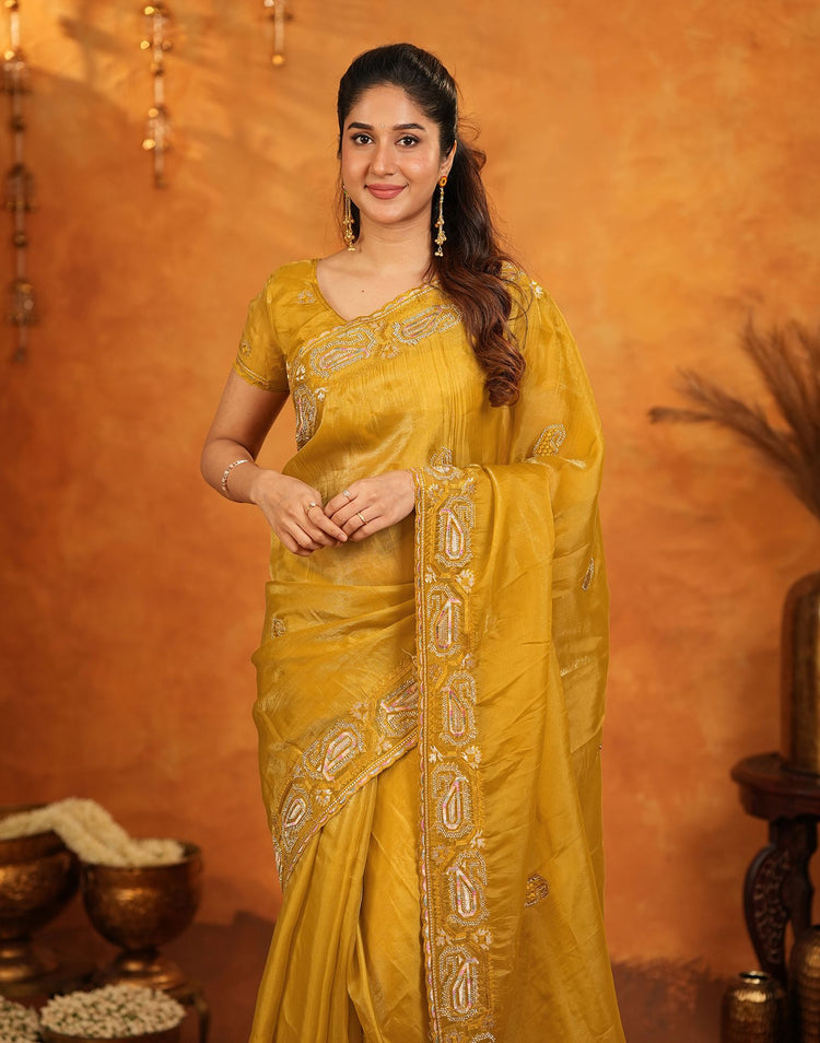 Mustard Shimmer Silk Stone Work Embroidery Saree