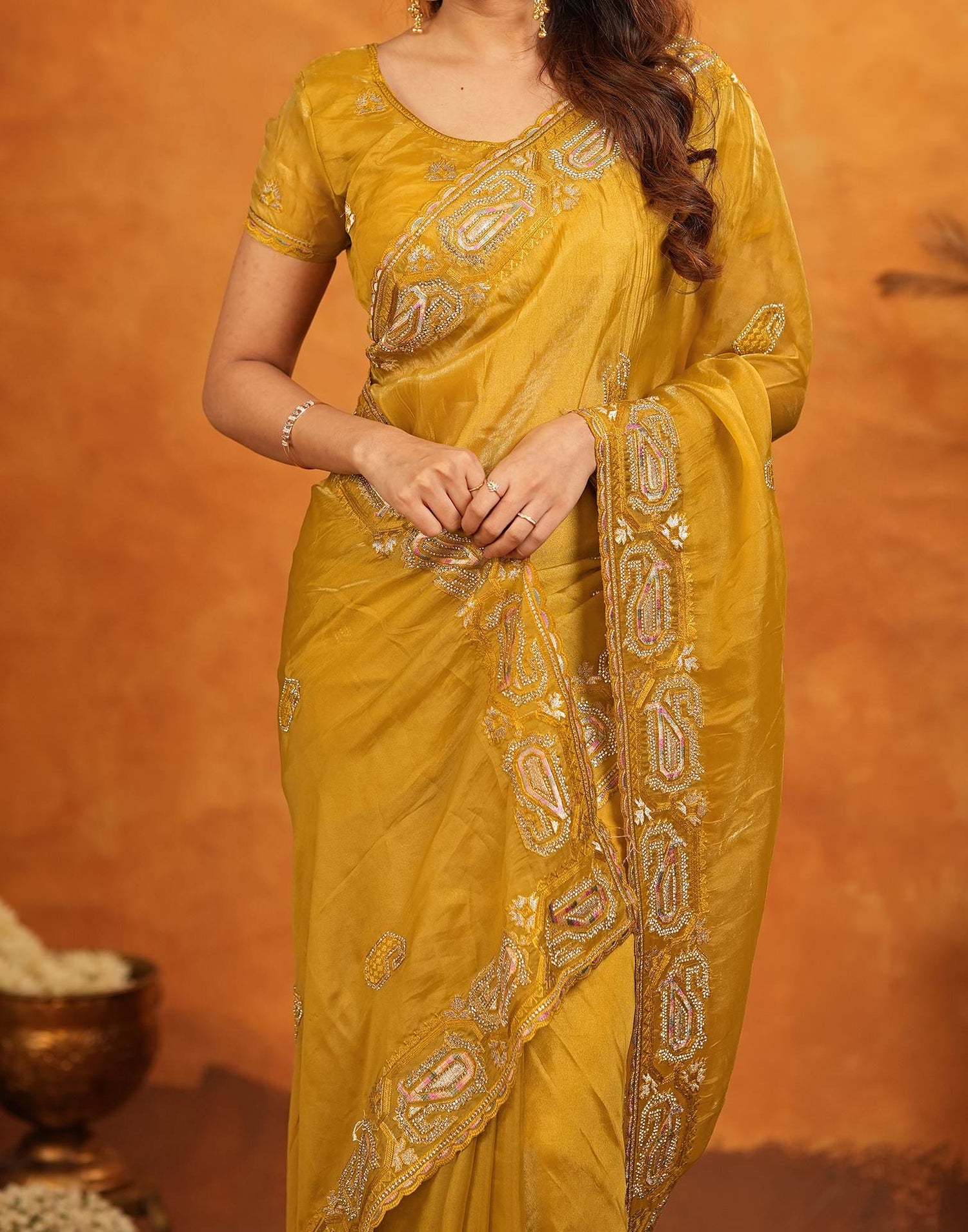 Mustard Shimmer Silk Stone Work Embroidery Saree