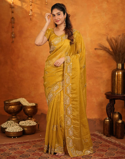 Mustard Shimmer Silk Stone Work Embroidery Saree