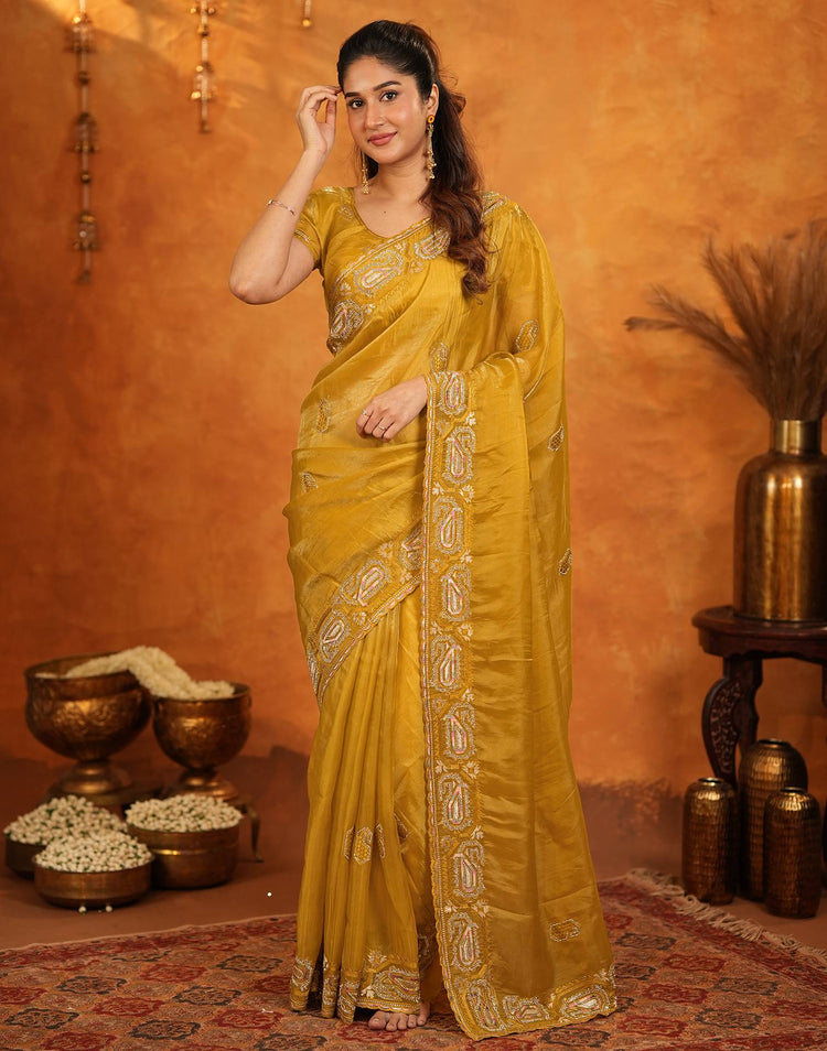Mustard Shimmer Silk Stone Work Embroidery Saree