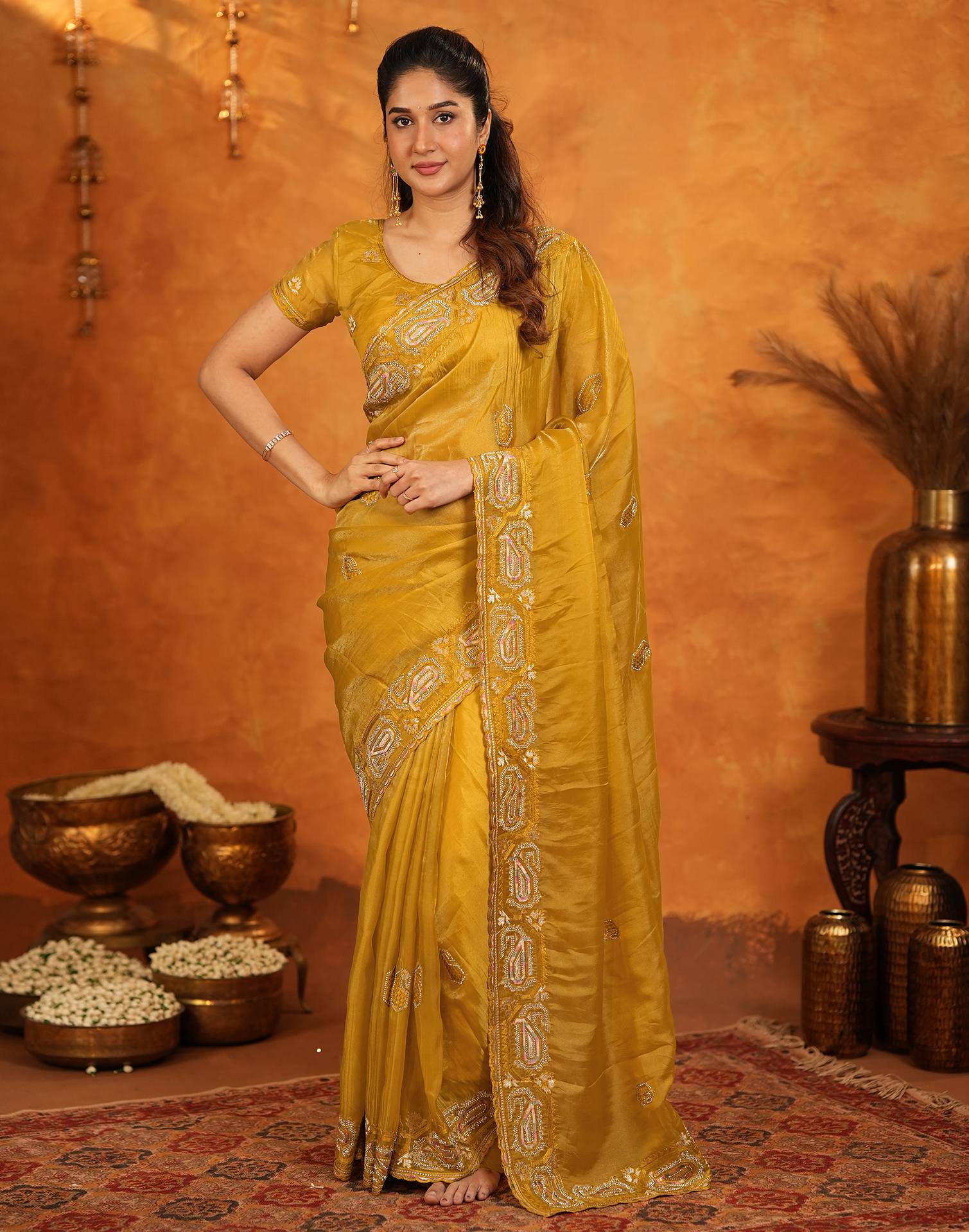 Mustard Shimmer Silk Stone Work Embroidery Saree