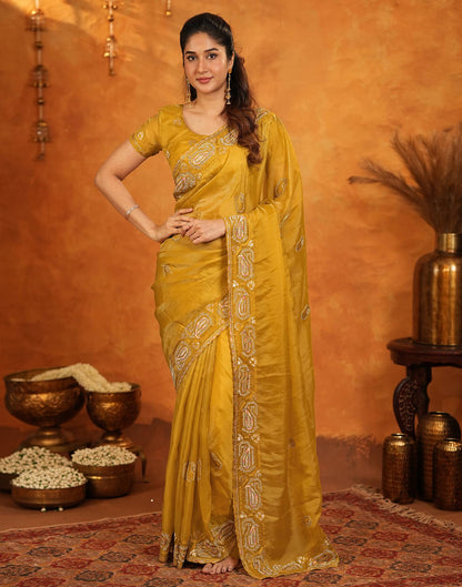 Mustard Shimmer Silk Stone Work Embroidery Saree