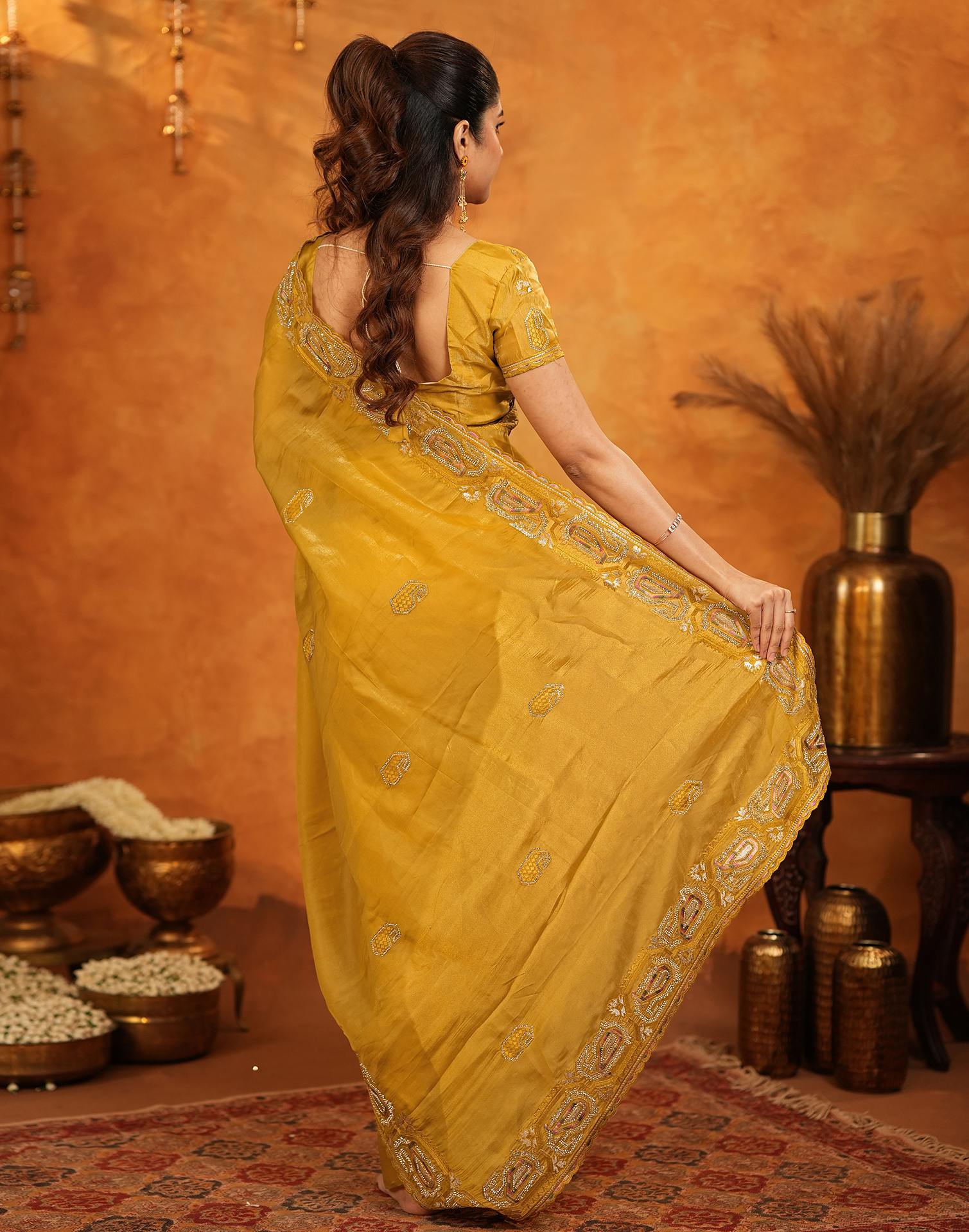 Mustard Shimmer Silk Stone Work Embroidery Saree