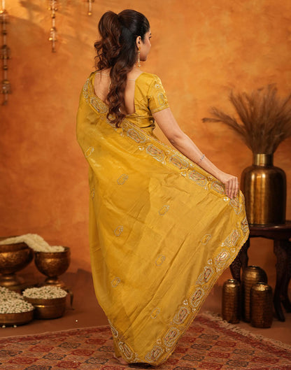Mustard Shimmer Silk Stone Work Embroidery Saree