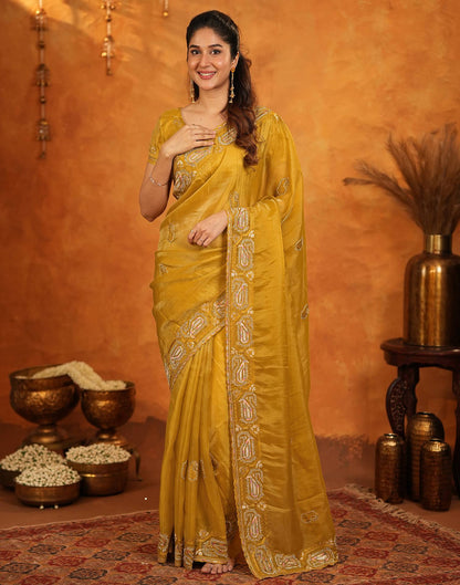 Mustard Shimmer Silk Stone Work Embroidery Saree