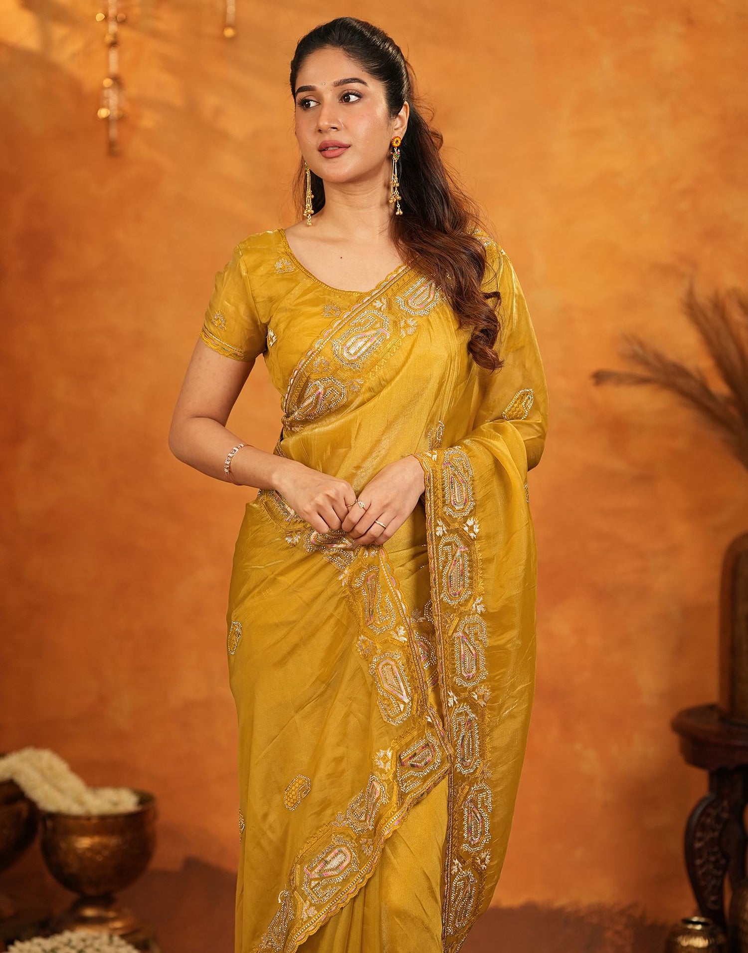 Mustard Shimmer Silk Stone Work Embroidery Saree