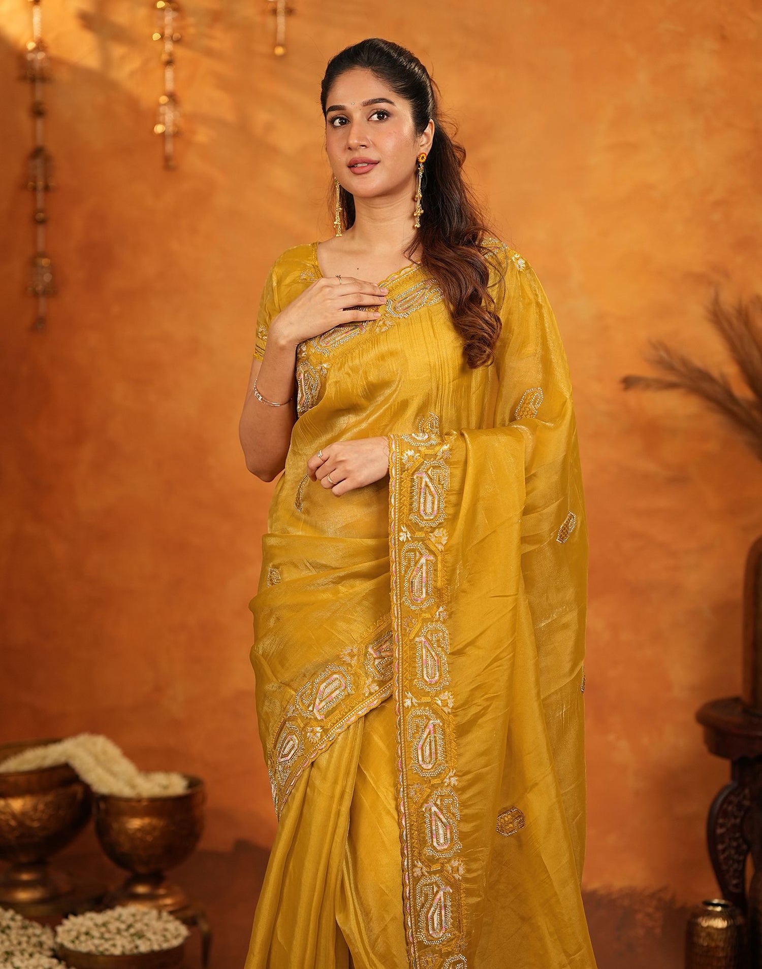 Mustard Shimmer Silk Stone Work Embroidery Saree